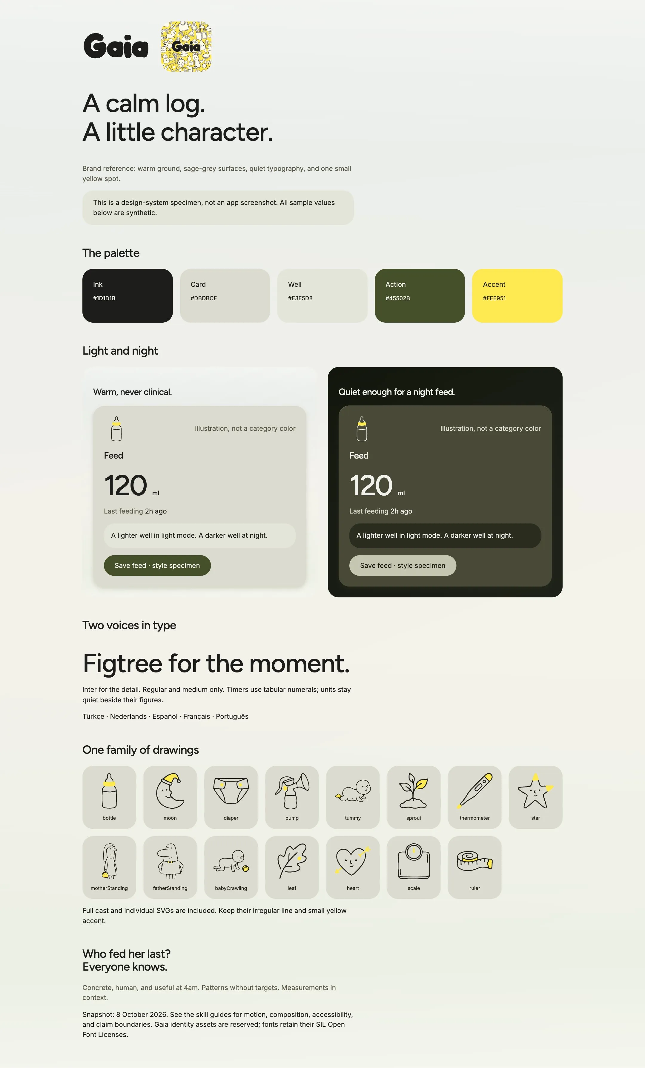 Gaia's brand board: the wordmark and icon, the palette, light and night cards, its two typefaces, and its family of drawings