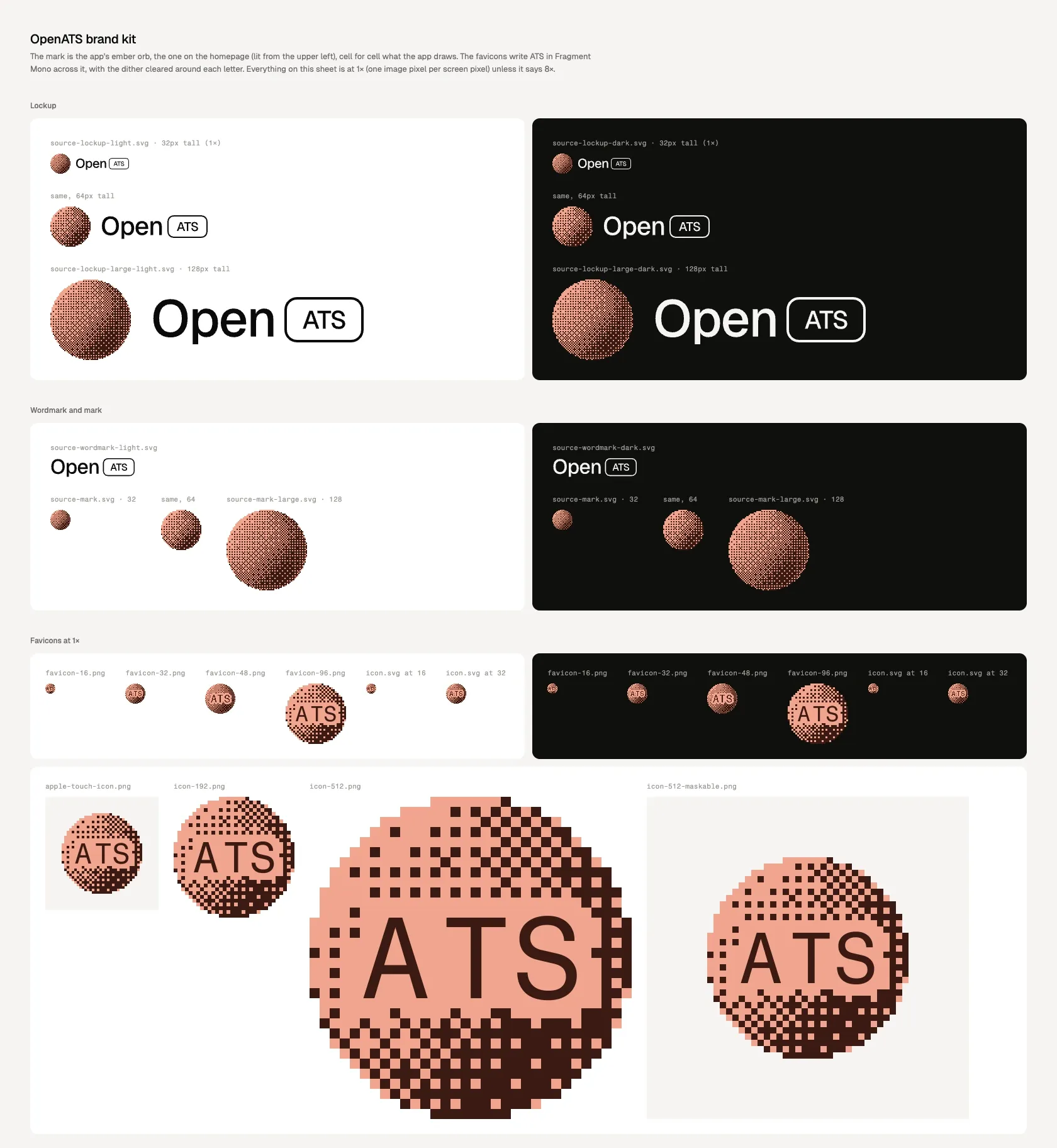 OpenATS's brand kit: the Open and ATS lockup, the dithered ember orb, and the ATS favicon at its native sizes.