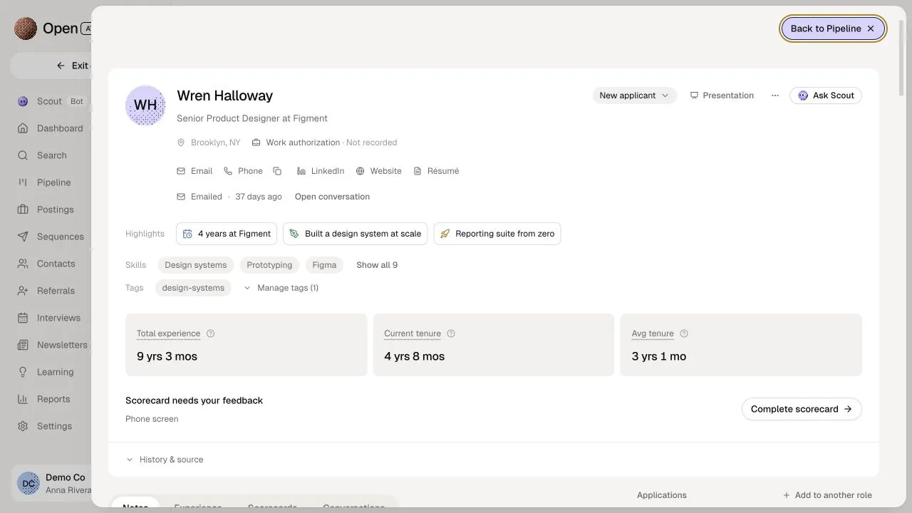 A demo candidate profile for Wren Halloway at Figment: highlights, skills, tenure, and her applications.