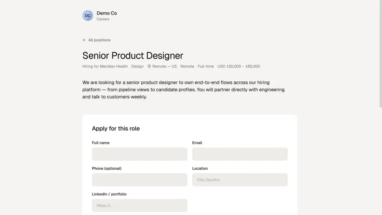 A sample careers page for a Senior Product Designer role at a demo company, with the salary band and an application form.