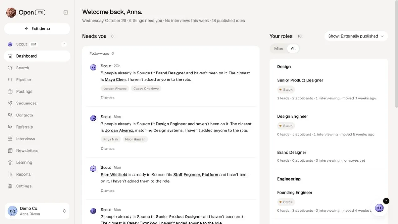 OpenATS's dashboard for a demo hiring team: Welcome back, Anna, Scout's Needs you list, and the team's open roles.