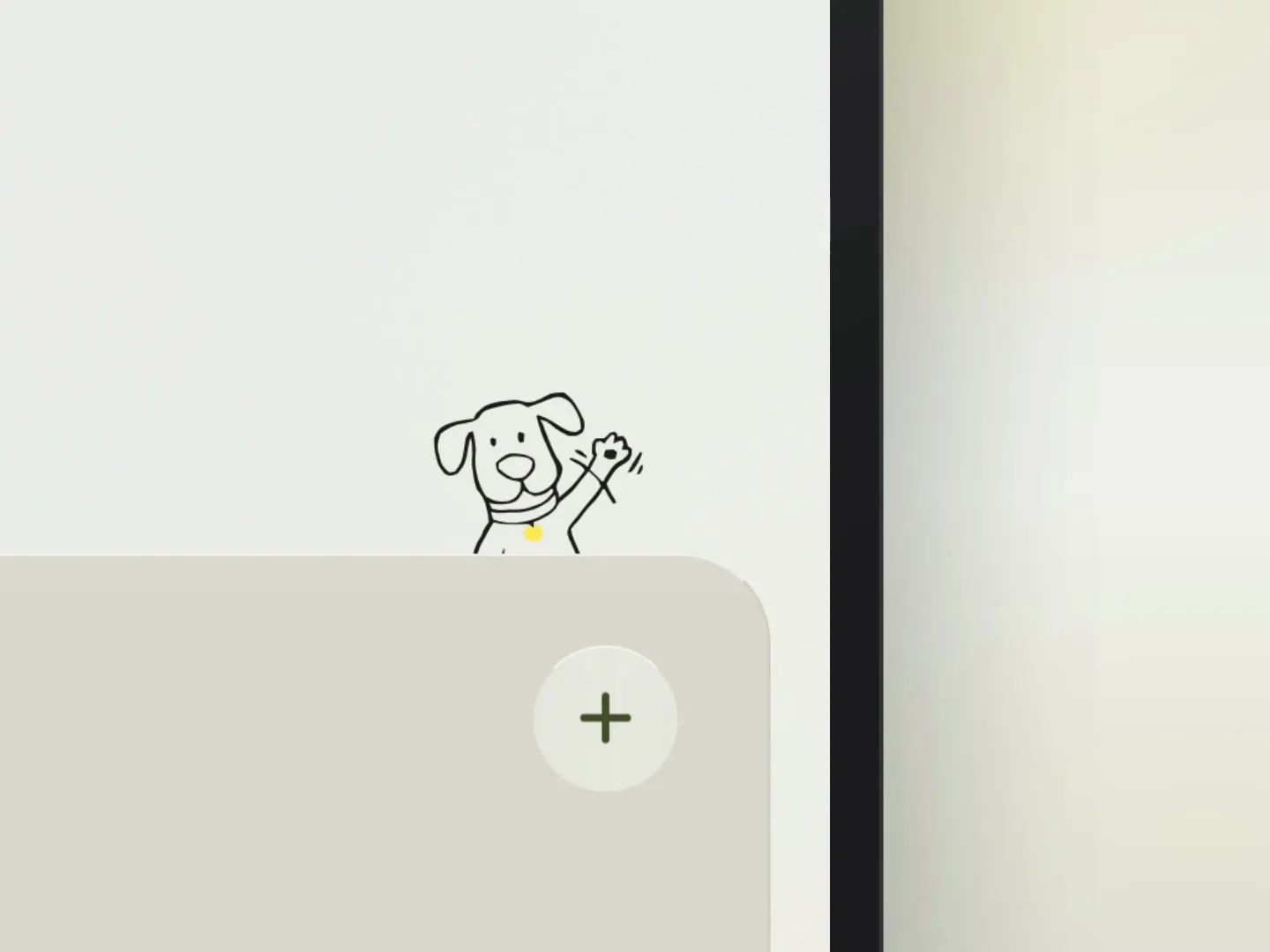 A close-up from the home-screen film: the dog waving over the Feed card, at the edge of the phone