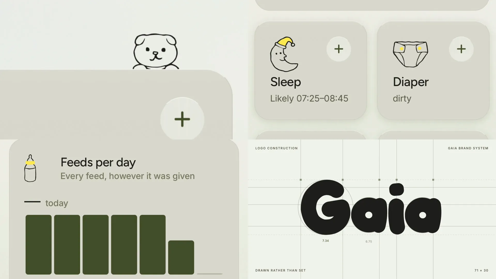 A frame of Gaia's brand grid: a dog peeking over the Feed card, the Sleep and Diaper cards, the Feeds per day bars, and the Gaia wordmark on its construction lines
