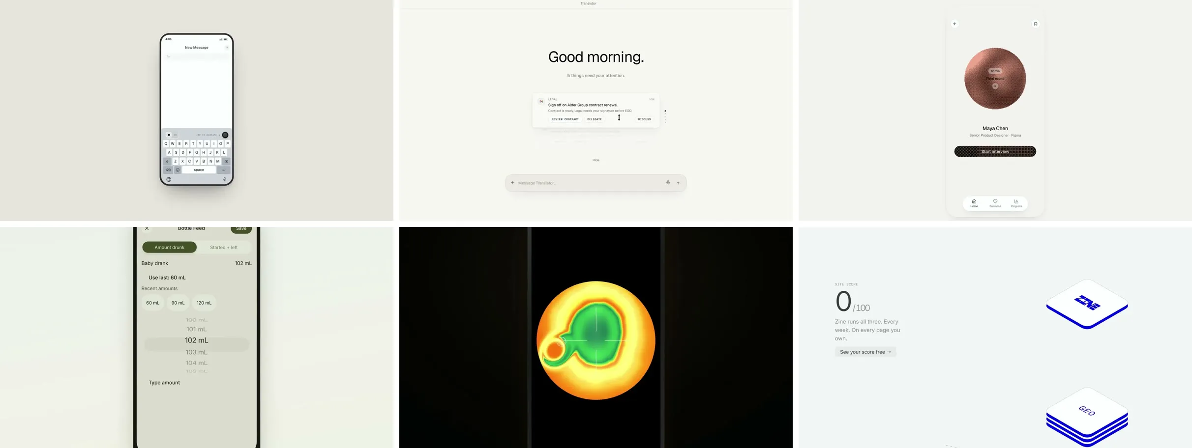 Six frames from the code-built reel: Walkie's keyboard, Transistor's morning, Source's orb, Gaia's bottle feed, Clicker's thermal disc, Zine's score