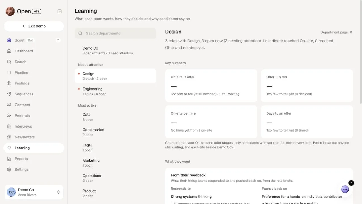 The Design department's hiring profile: what the team responds to and pushes back on, with quoted evidence from its feedback, why candidates decline, and its roles.