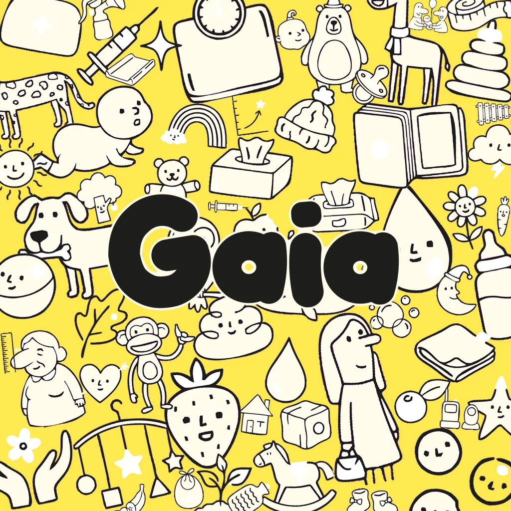 Gaia's app icon: the Gaia wordmark on a yellow tile crowded with its line drawings