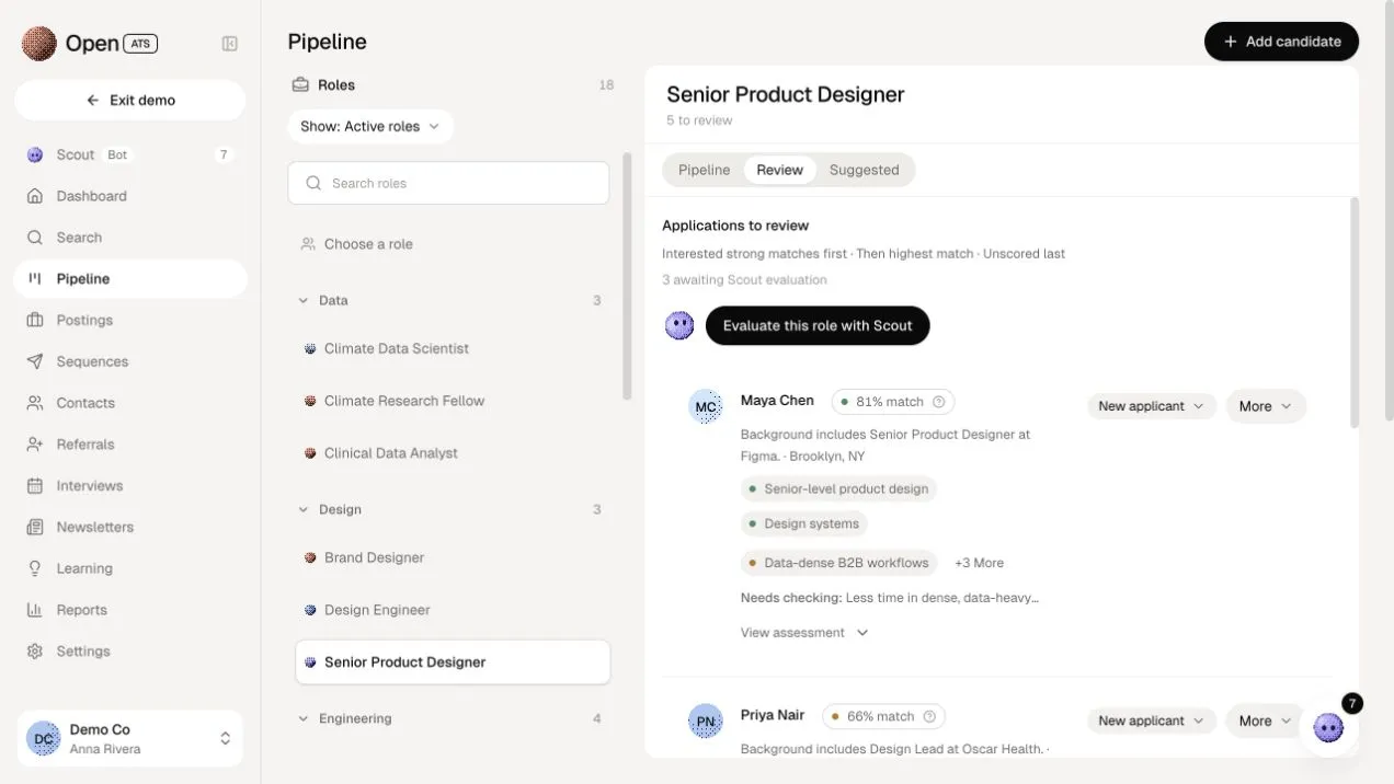 The Senior Product Designer pipeline in Review mode: applications to review with match percentages, the criteria behind each, and a needs-checking flag.