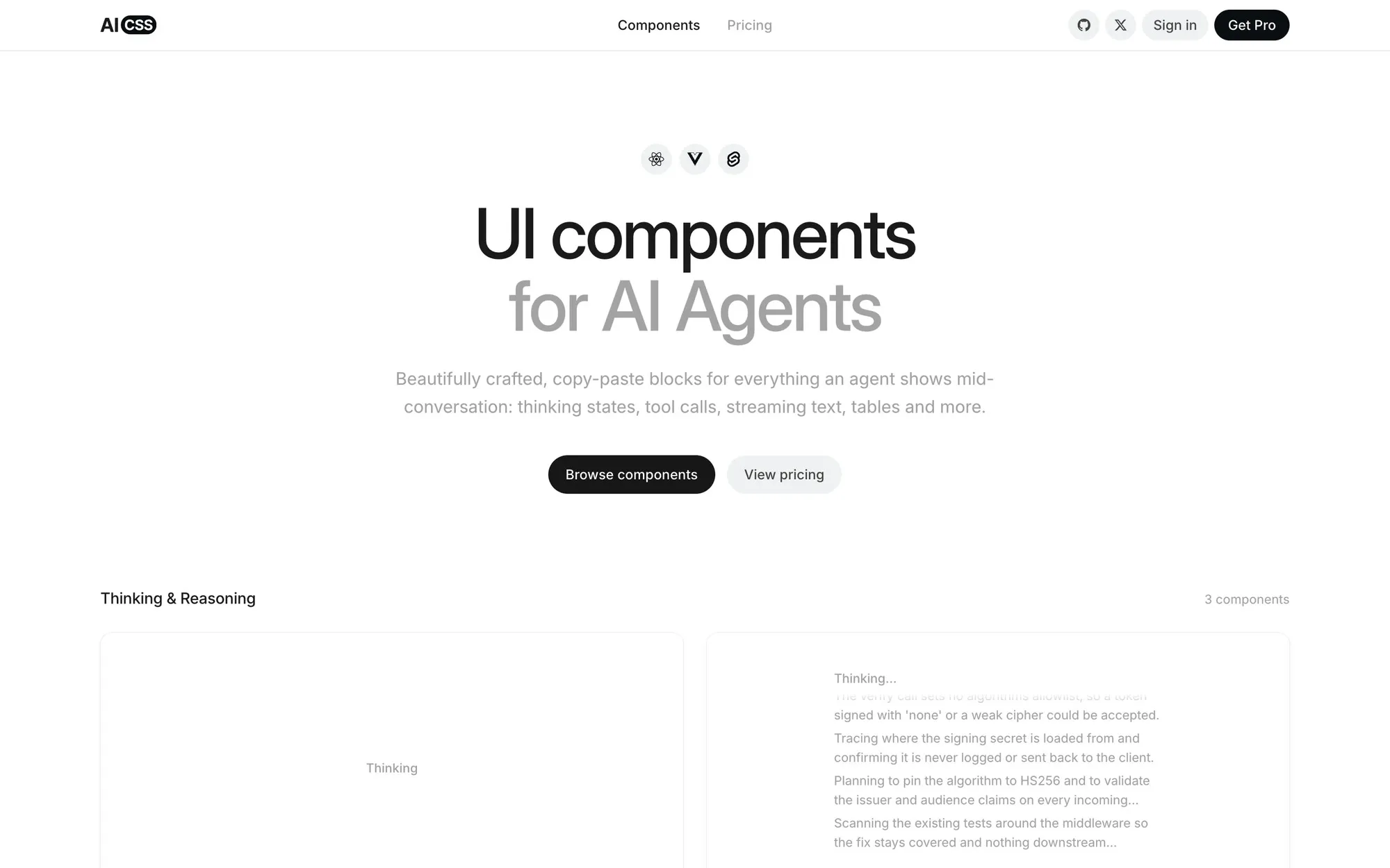 The aicss.dev home page, UI components for AI agents