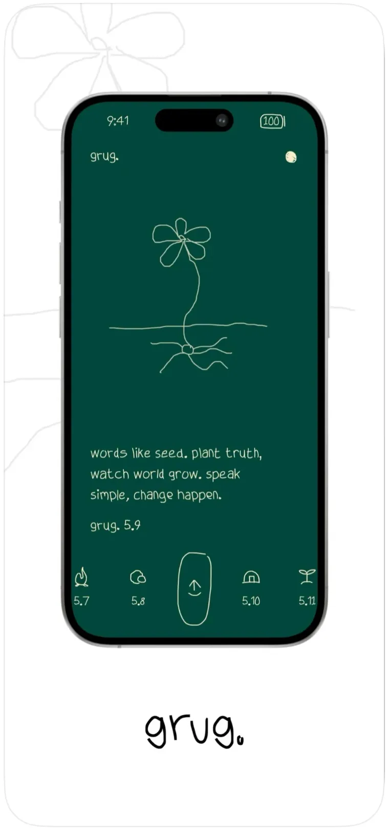 grug on a phone: a hand-drawn flower with roots on dark green