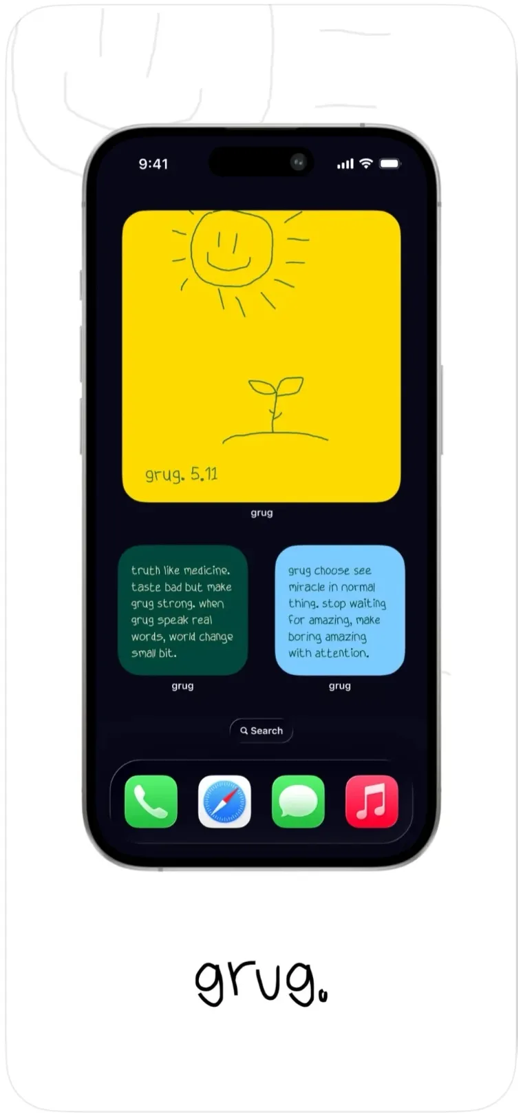 grug's home-screen widgets: a smiling sun and a sprout on yellow, and two short notes on green and blue
