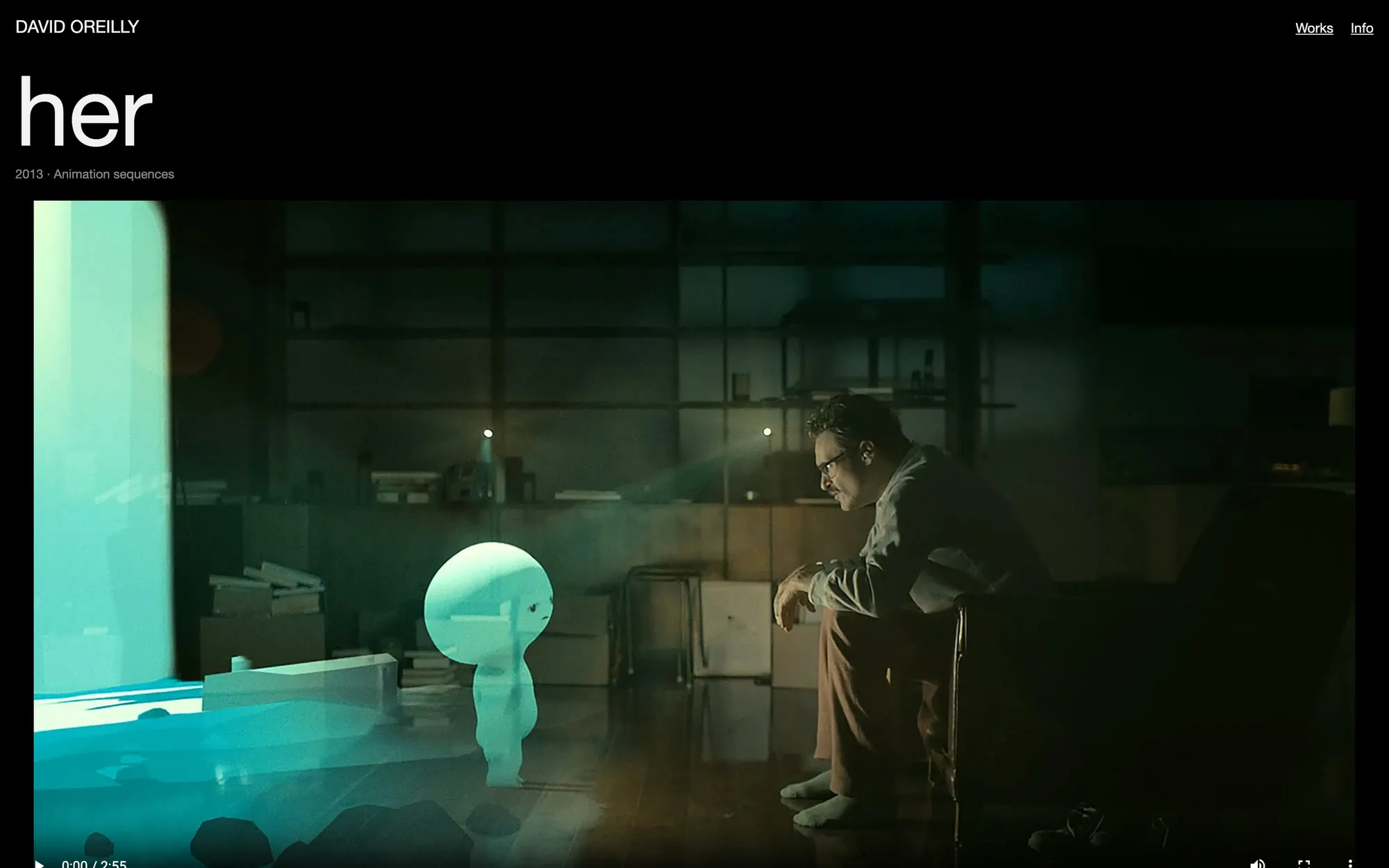 David O'Reilly's animated character from the film Her, a small glowing figure in a dark room