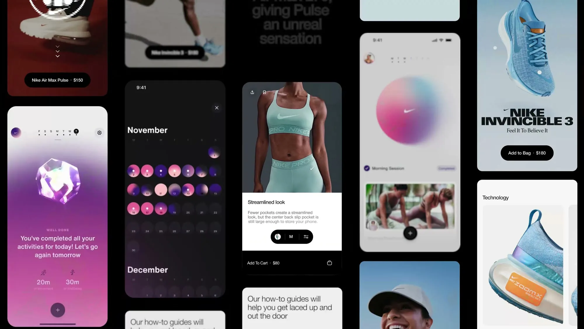 A frame from Metalab's showreel: a flat grid of Nike app screens and product shots, bleeding off every side