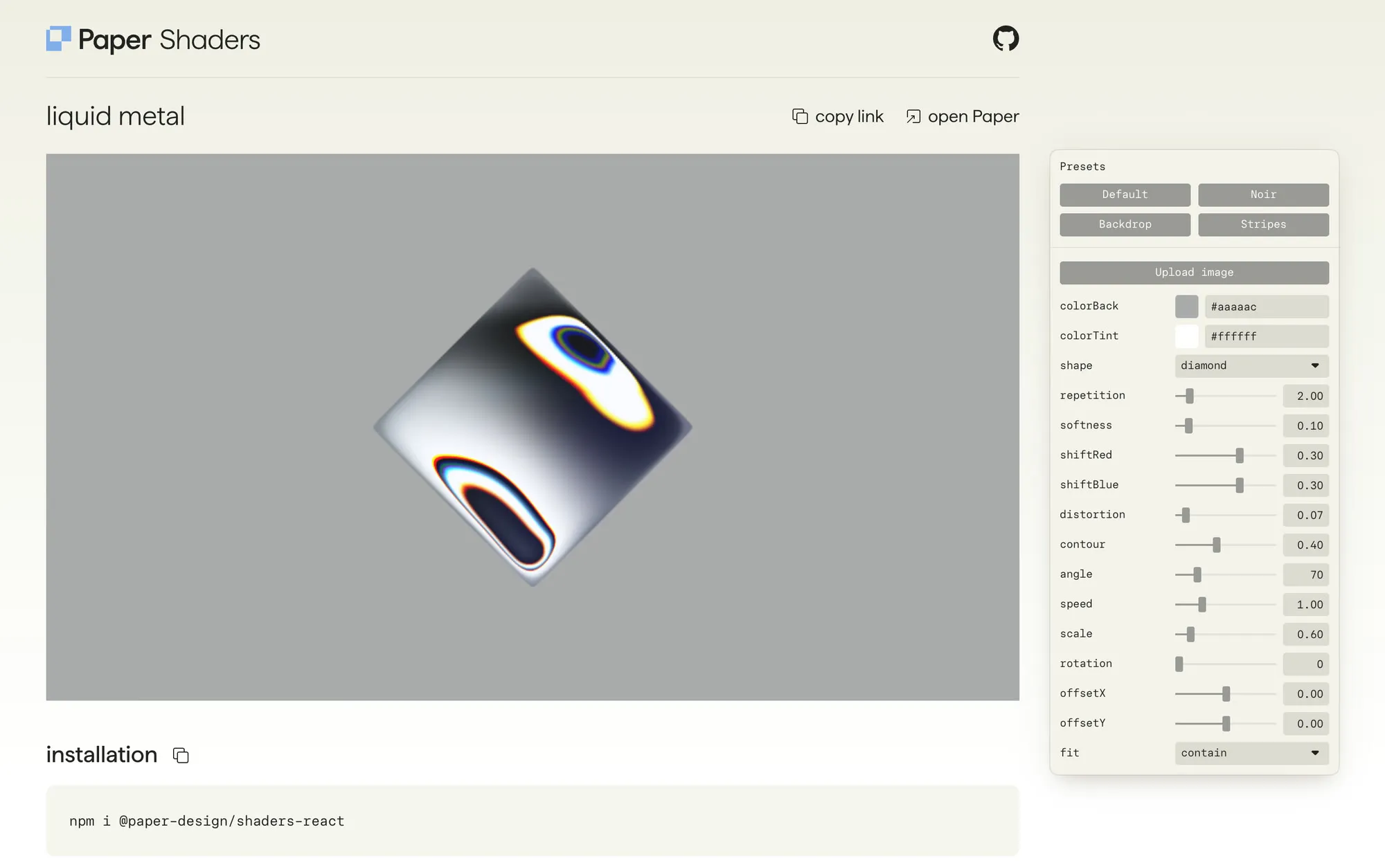 Paper's liquid metal shader page, a chrome diamond with its controls