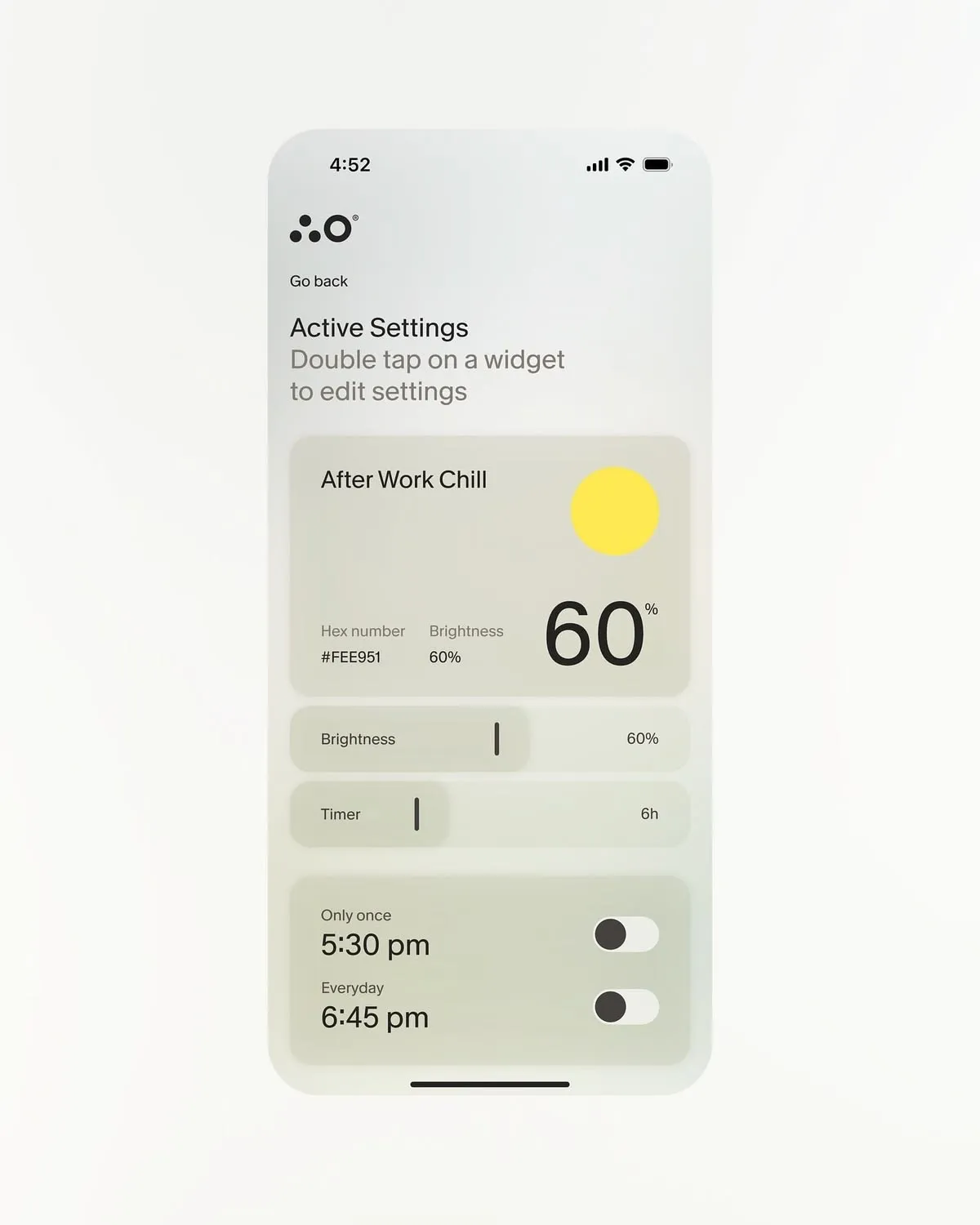 The reference: a settings screen on a phone, sage-grey cards, a large 60 in dark type, and one yellow circle labelled hex number #FEE951