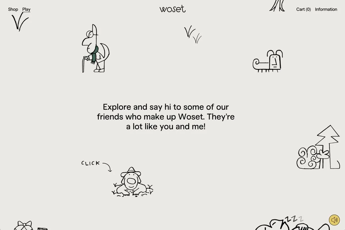 Woset's website: hand-drawn line characters, an old man with a cane and a green scarf, a small creature, grass and a tree, around a line of text