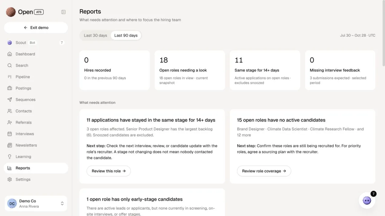 OpenATS reports: hires recorded, open roles needing attention, applications aging in a stage, and missing interview feedback.