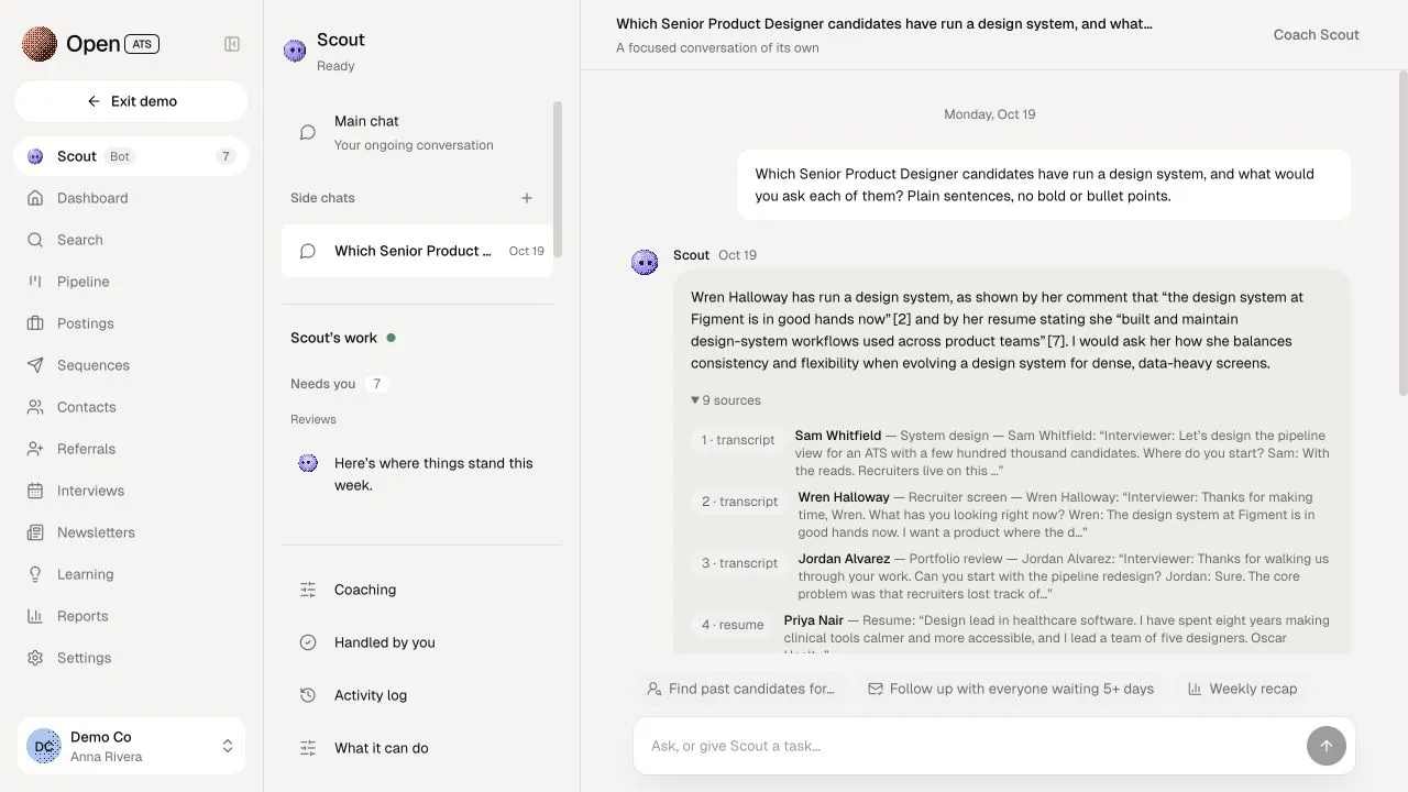 A Scout chat asking which Senior Product Designer candidates have run a design system: an answer citing quotes from transcripts and résumés, with its nine sources listed.