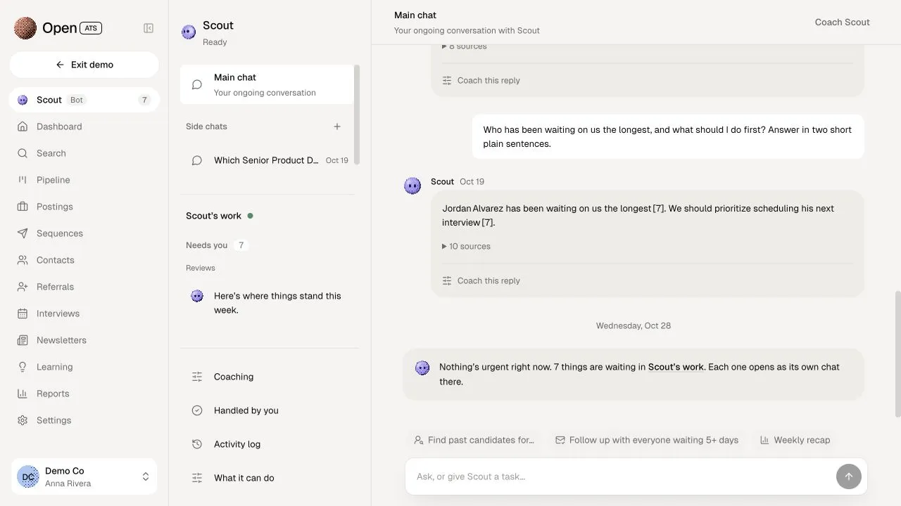 Scout's workspace: the ongoing conversation, side chats, work needing attention, and links to coaching and the activity log.