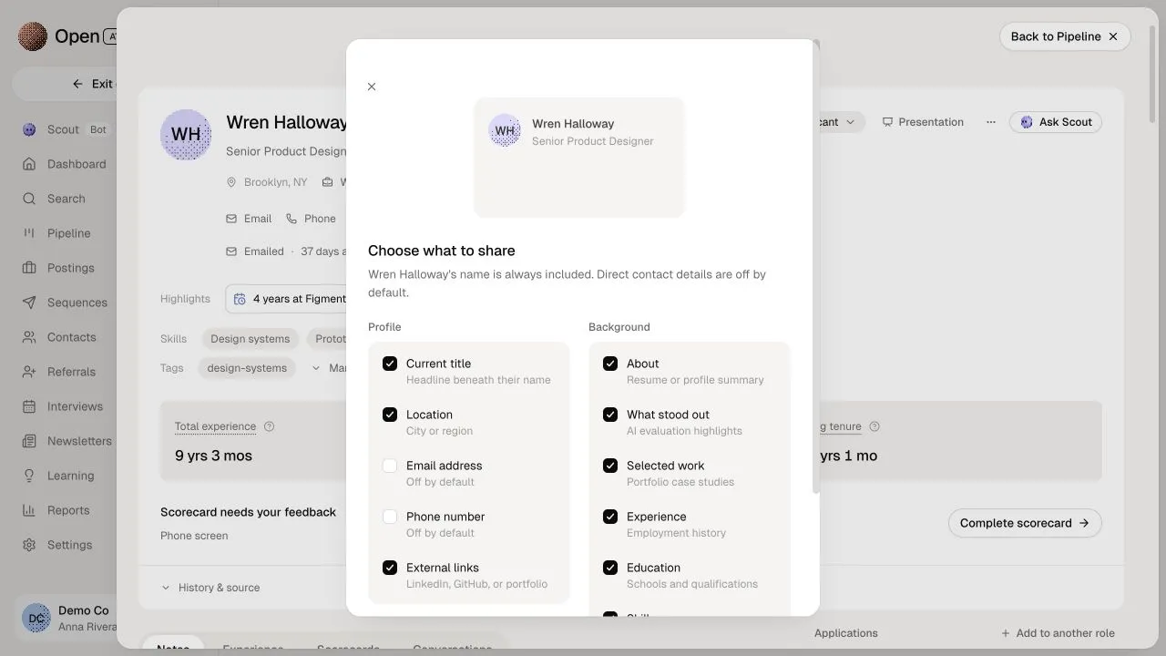 The Choose what to share dialog over a candidate profile: contact details off by default, and notes, transcripts, scorecards and compensation never shared.