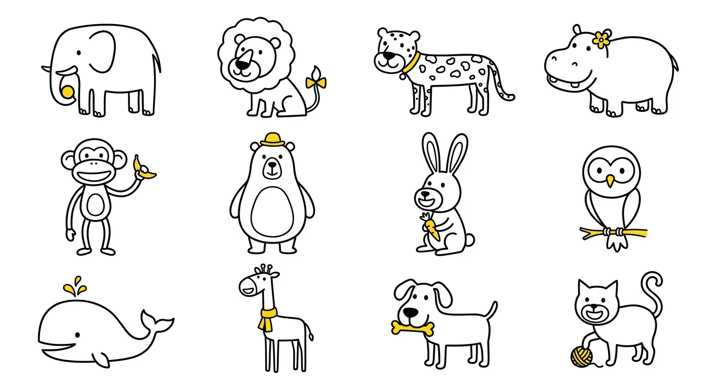 A sheet of twelve hand-drawn animals in black fineliner, each with one small yellow detail: an elephant, a lion, a leopard, a hippo, a monkey, a bear, a rabbit, an owl, a whale, a giraffe, a dog and a cat