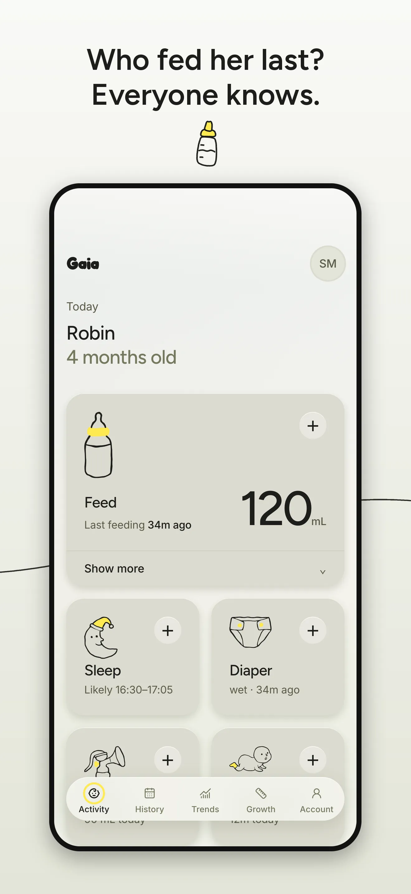 App Store screenshot: Who fed her last? Everyone knows. Gaia's home screen for a demo baby