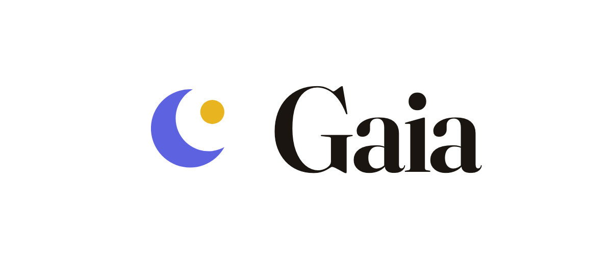 A periwinkle crescent moon with a gold dot, beside Gaia set in a serif